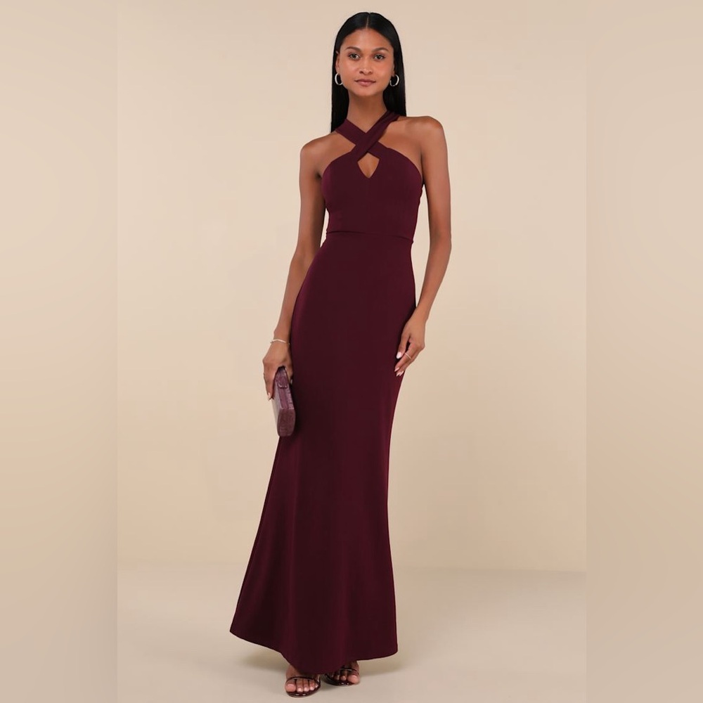 Lulus Keep You Enchanted Dark‎ Purple Cutout Halter Mermaid Maxi Dress